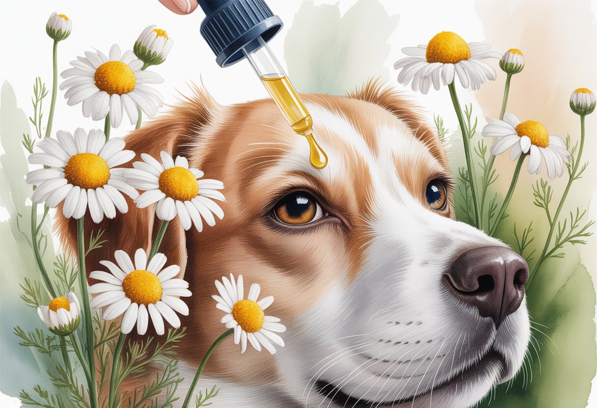 A close-up of a dog's eye with chamomile flowers nearby and drops being applied to the eye.