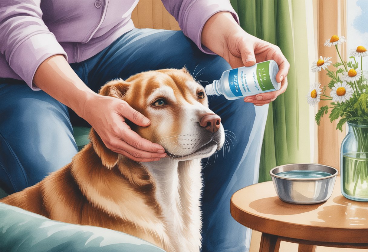 A person gently administering eye wash to a calm dog in a cozy home setting.