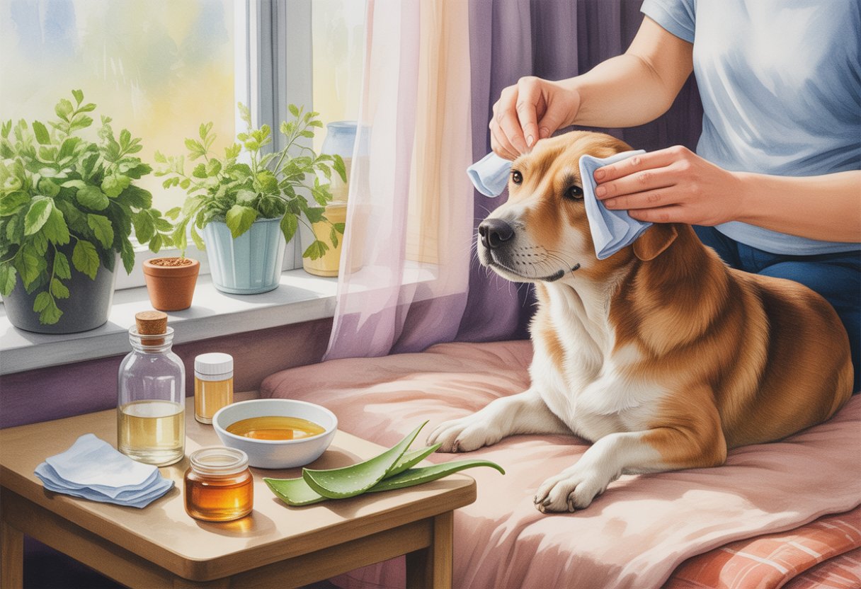 A person gently caring for a dog’s eye at home with natural remedies on a table nearby.