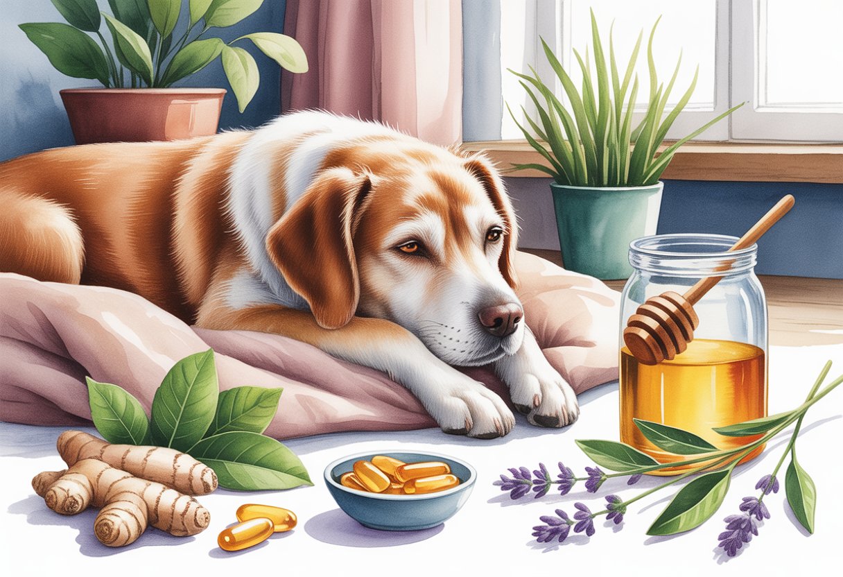 An elderly dog resting peacefully on a blanket surrounded by natural plants and remedies in a cozy home setting.