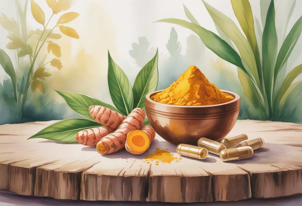 A wooden bowl of turmeric powder with turmeric roots and capsules on a wooden surface, set against a blurred garden background.