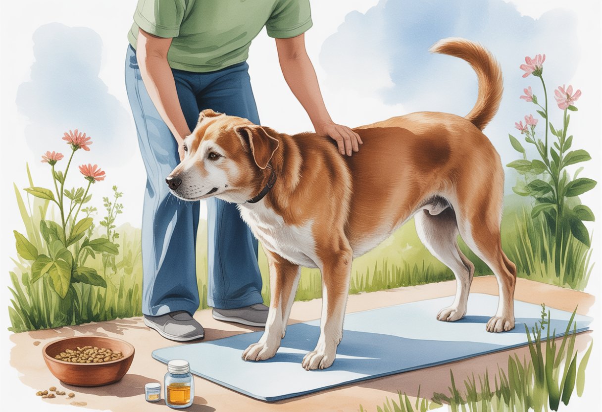 An elderly dog doing physical therapy exercises outdoors with a caring person in a peaceful garden setting.