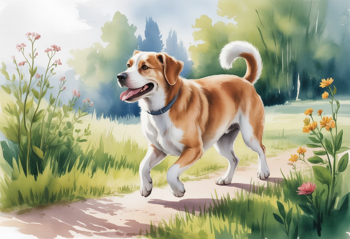 A happy dog walking on a grassy path surrounded by trees and flowers in a peaceful outdoor setting.