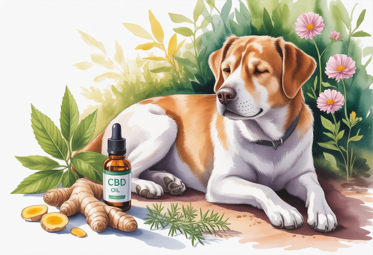 A calm dog resting peacefully in a garden with a bottle of CBD oil and natural herbs nearby.