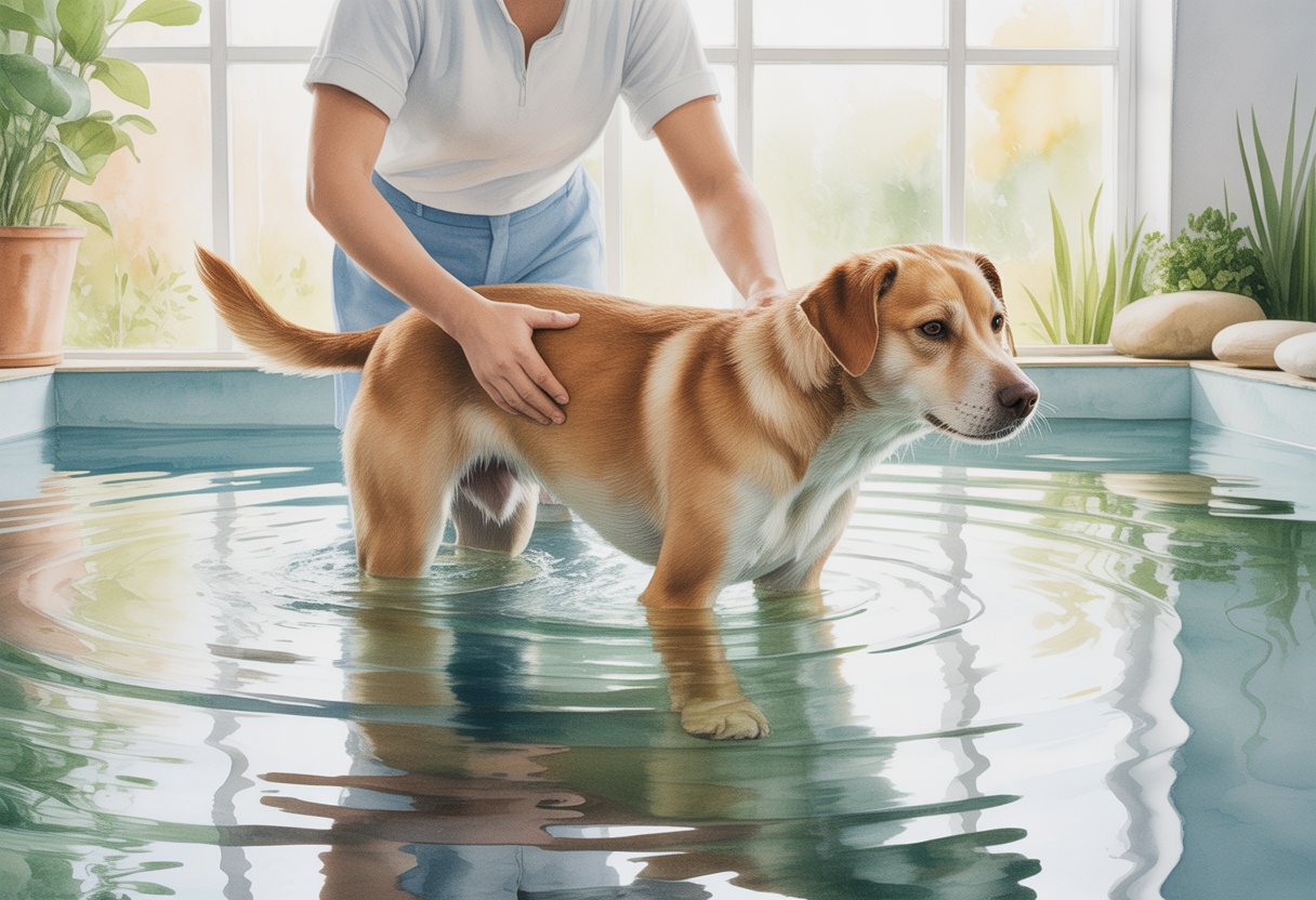 A dog receiving hydrotherapy in a shallow pool with a therapist supporting its movement in a bright room.