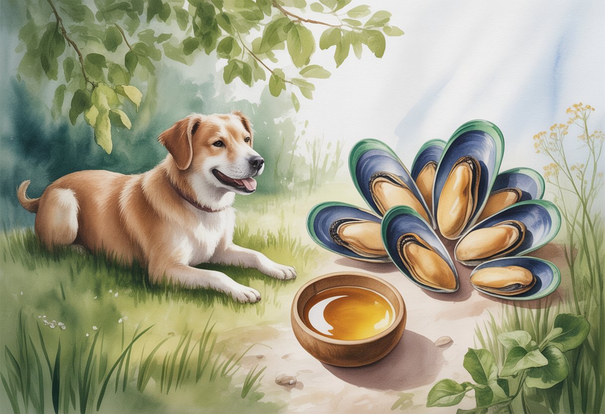 A happy dog resting on grass near green-lipped mussels and a wooden bowl of extract in a peaceful outdoor setting.