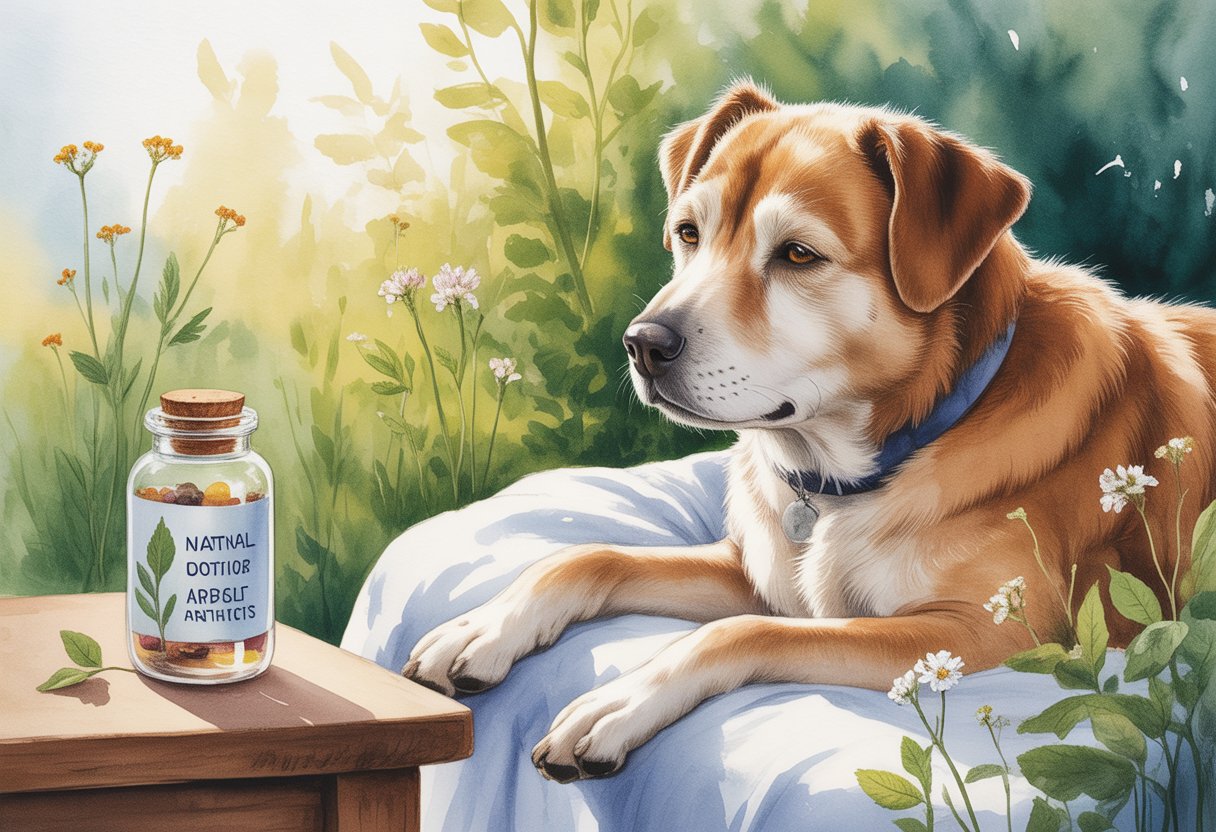 An elderly dog resting peacefully in a sunlit garden surrounded by greenery and flowers, with a small jar on a wooden table nearby.