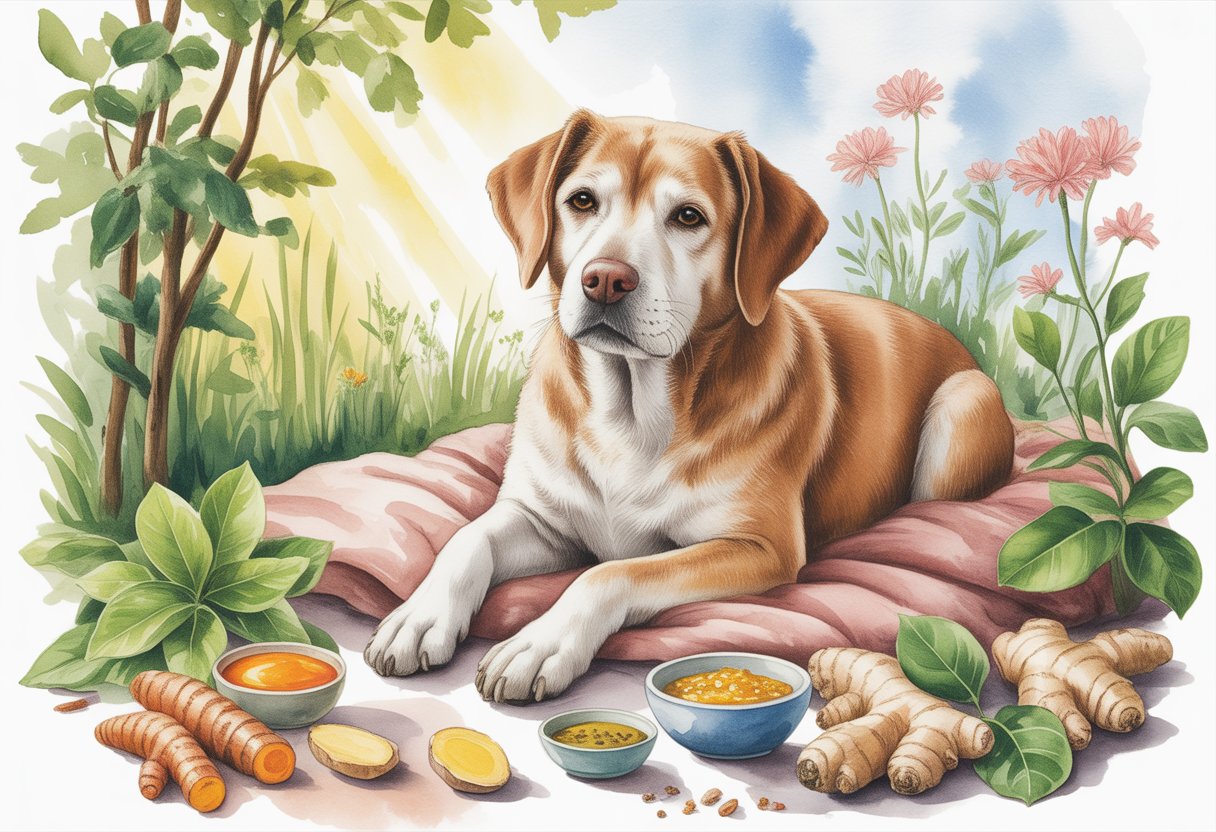 An elderly dog sitting peacefully in a garden surrounded by natural plants and herbs.