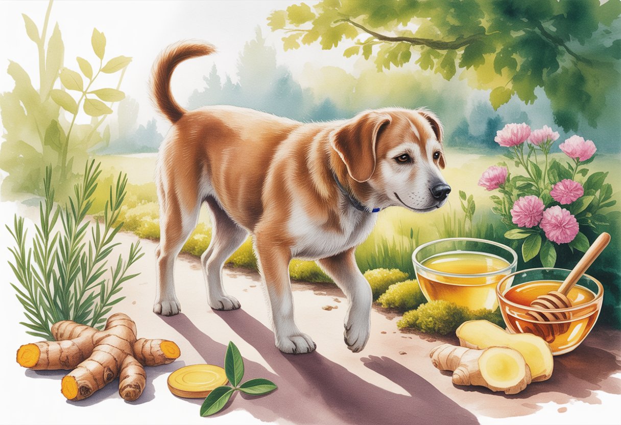 An elderly dog walking slowly along a garden path surrounded by natural plants and herbs.