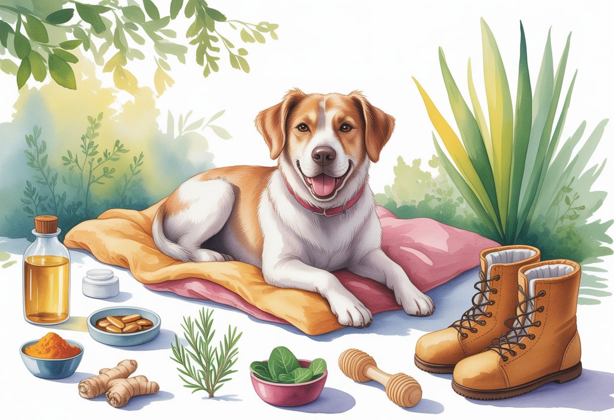 A dog resting comfortably surrounded by natural items like turmeric, fish oil, herbs, a heating pad, a massage brush, vegetables, and dog boots in a peaceful garden setting.