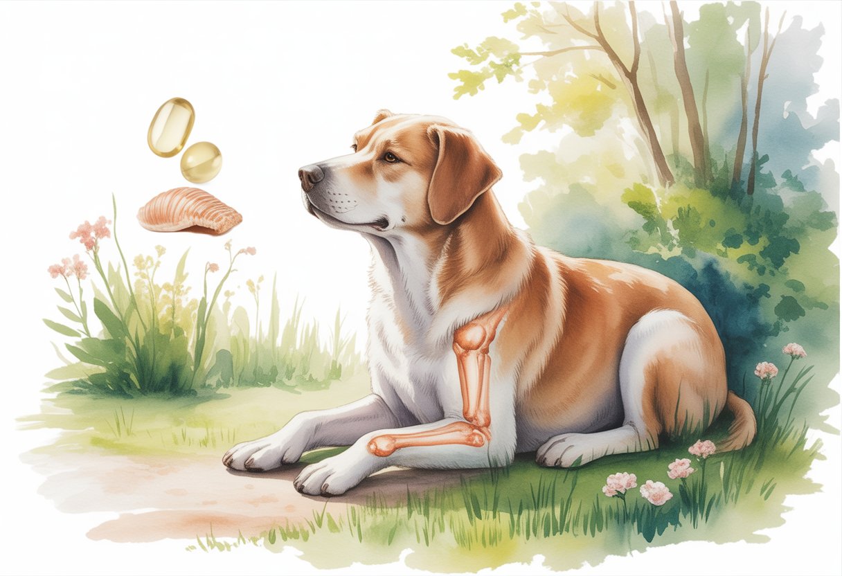 A peaceful dog sitting on grass in a garden surrounded by soft greenery and sunlight, with subtle elements representing joint support nearby.