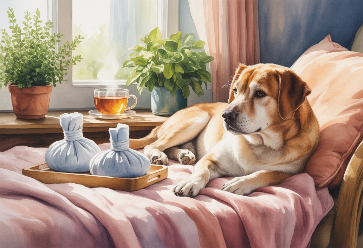 A calm elderly dog resting on a blanket with warm compresses nearby in a cozy sunlit room.