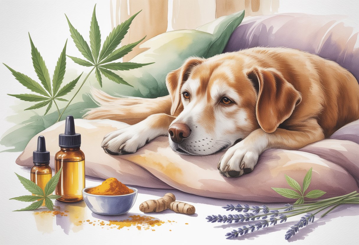 An elderly dog resting peacefully on a blanket surrounded by natural healing elements like hemp leaves and small bottles, in a cozy home setting.
