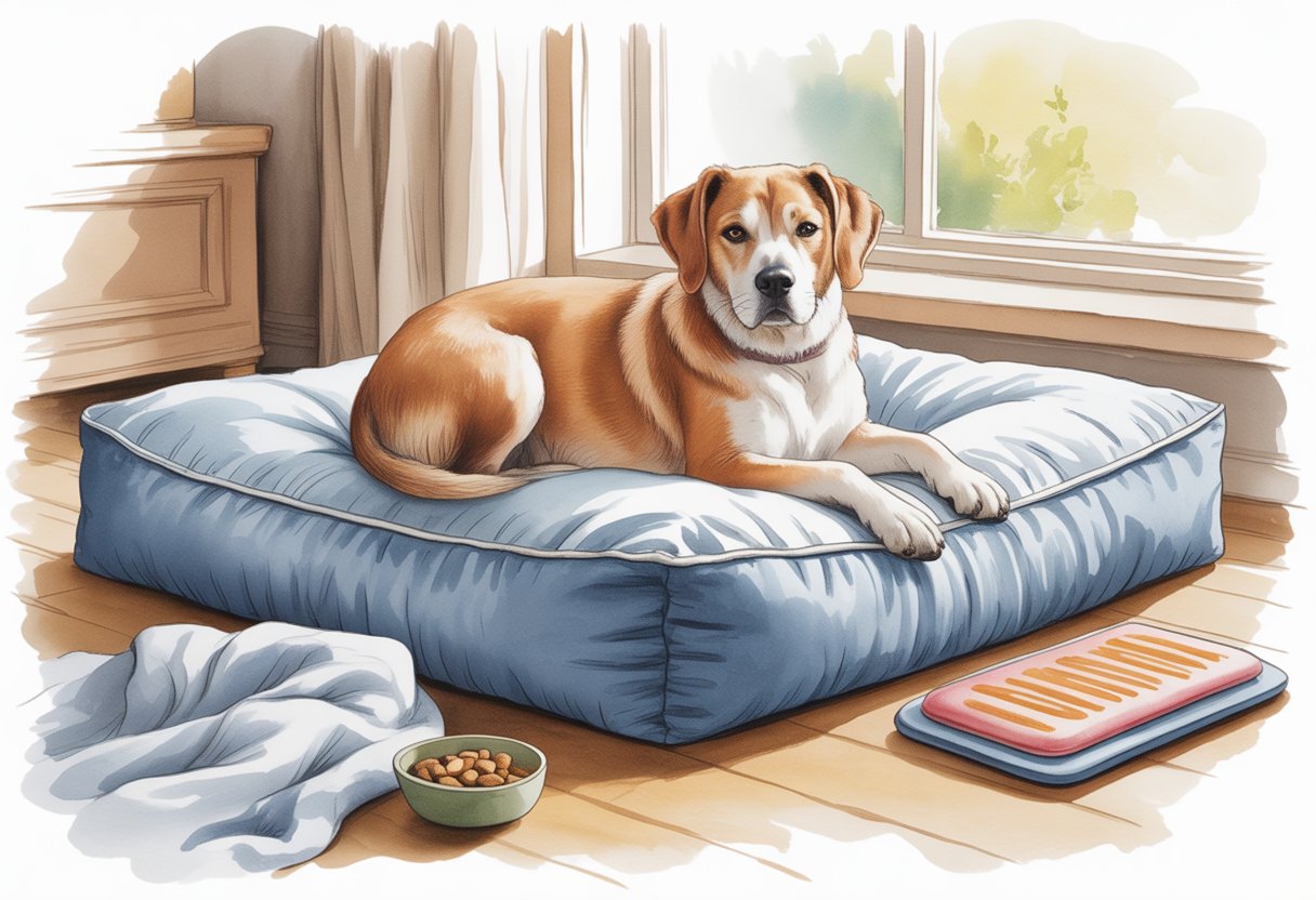 A dog resting comfortably on a supportive orthopedic dog bed in a cozy living room near a window.