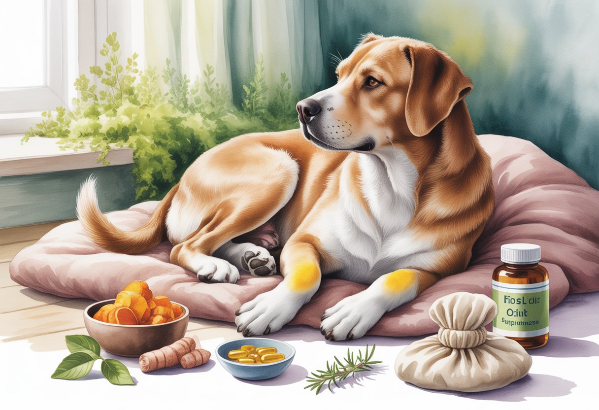 A calm dog resting on a blanket indoors, surrounded by natural healing items like turmeric, fish oil, herbs, and a warm compress.