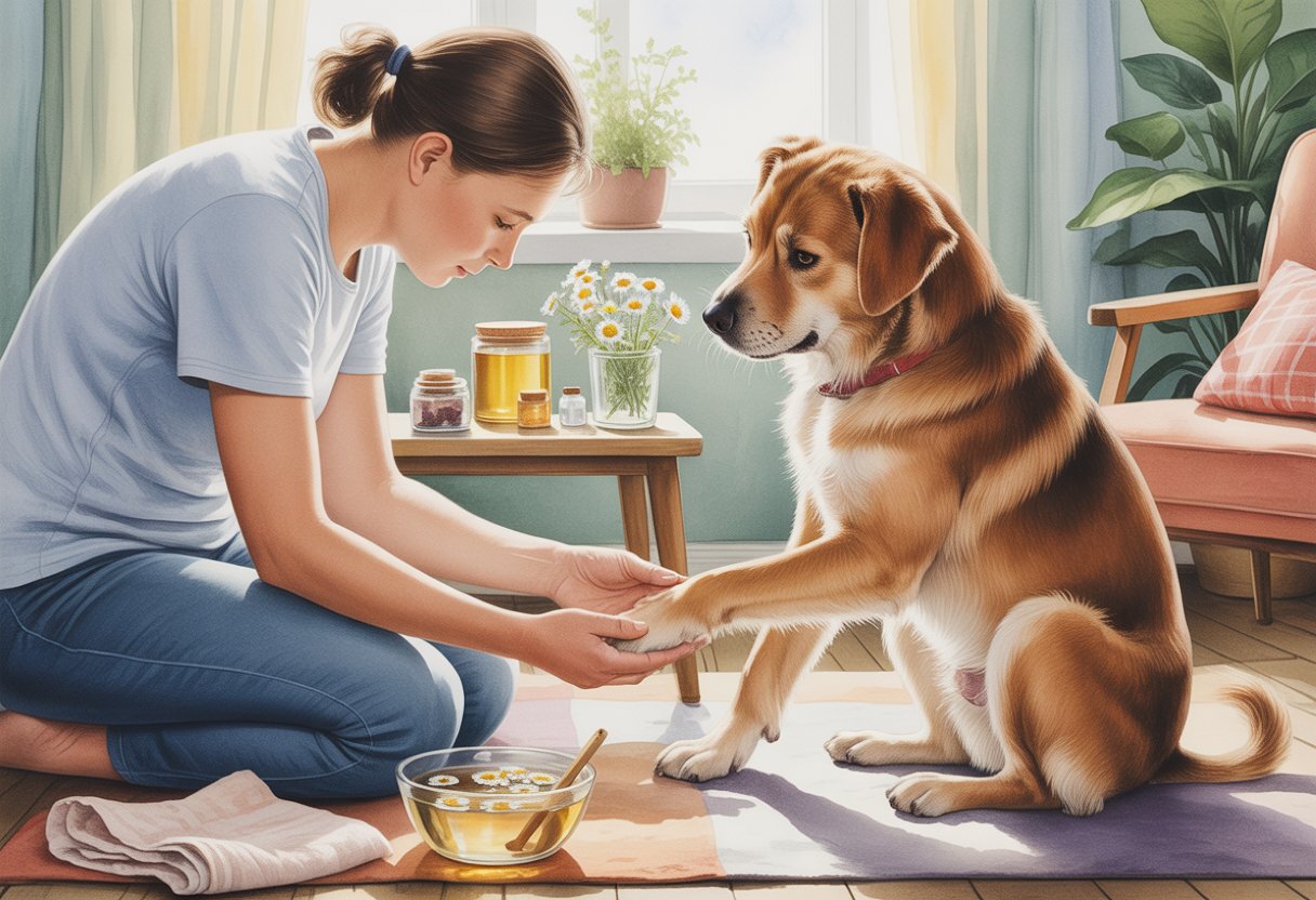 A person gently examining a dog's leg indoors with home remedy items nearby, creating a calm and caring atmosphere.