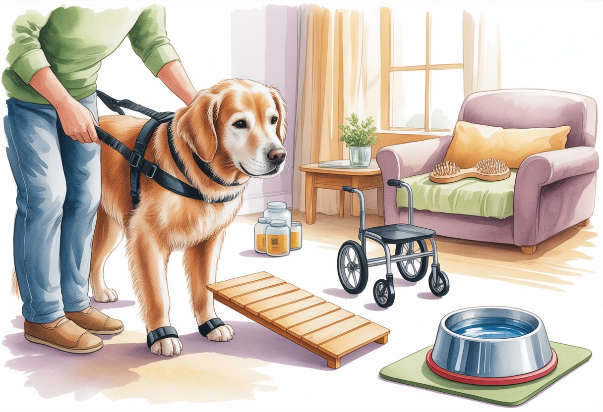 An elderly golden retriever using a supportive harness indoors, surrounded by various mobility aids like a ramp, dog wheelchair, orthopedic bed, and water bowl, in a cozy living room setting.