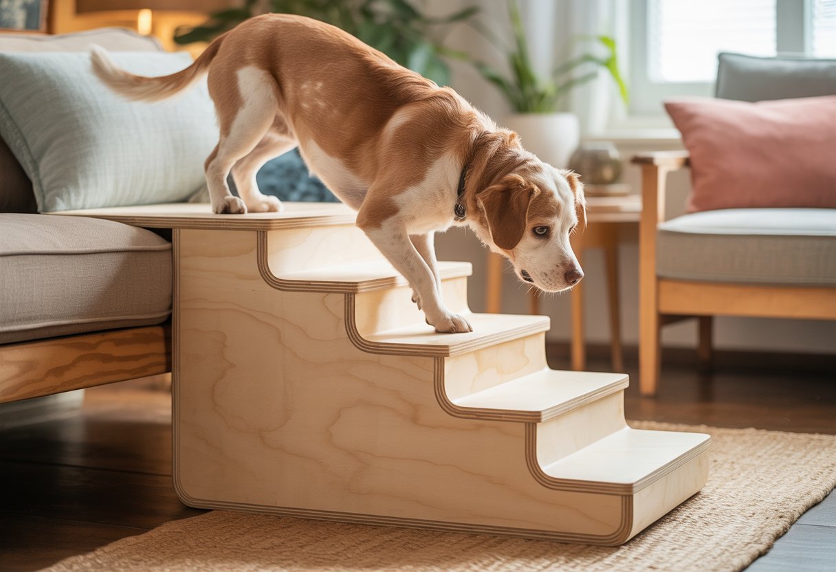 A senior dog carefully climbing handmade wooden pet stairs next to a sofa in a cozy living room.