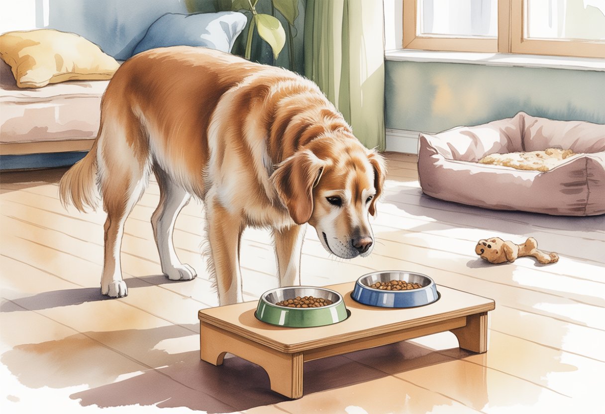 A senior golden retriever eating from an elevated feeding station inside a cozy home.