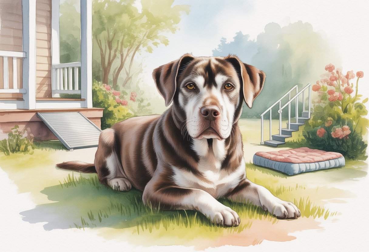 A senior dog resting outdoors near a small ramp and dog stairs in a peaceful garden setting.