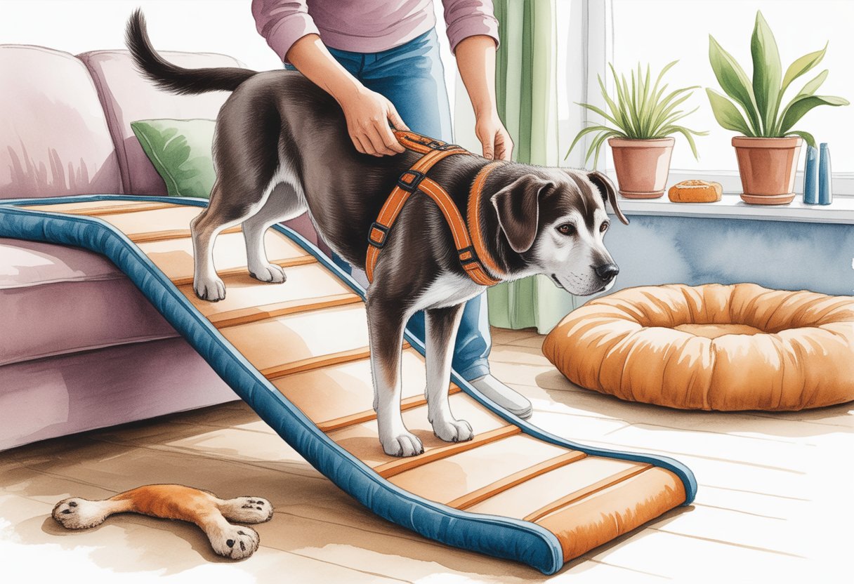 An elderly dog uses a soft ramp to climb onto a couch while a person adjusts its harness in a cozy living room.