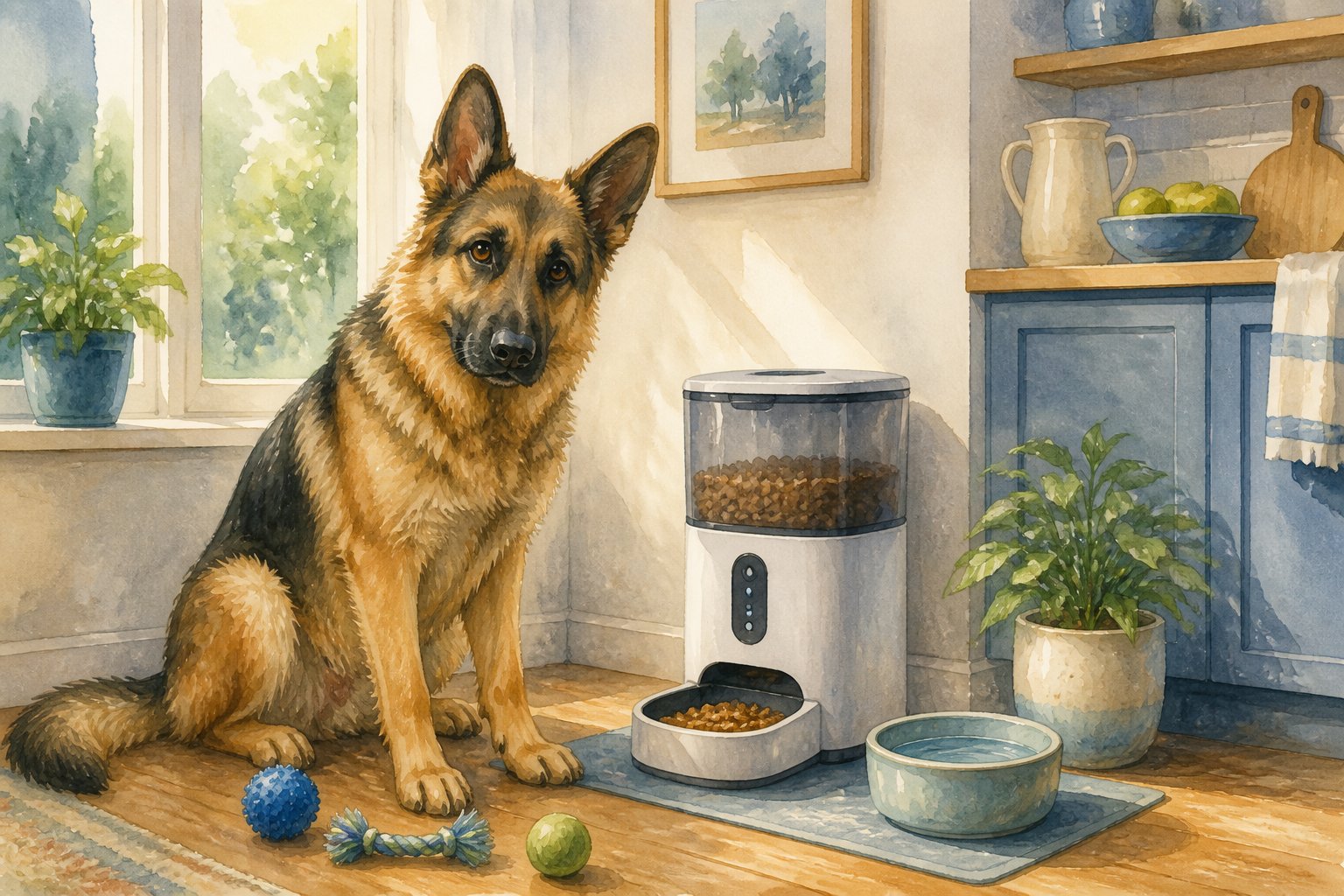 A German Shepherd sitting calmly next to an automatic pet feeder in a cozy kitchen corner with natural light and pet accessories around.