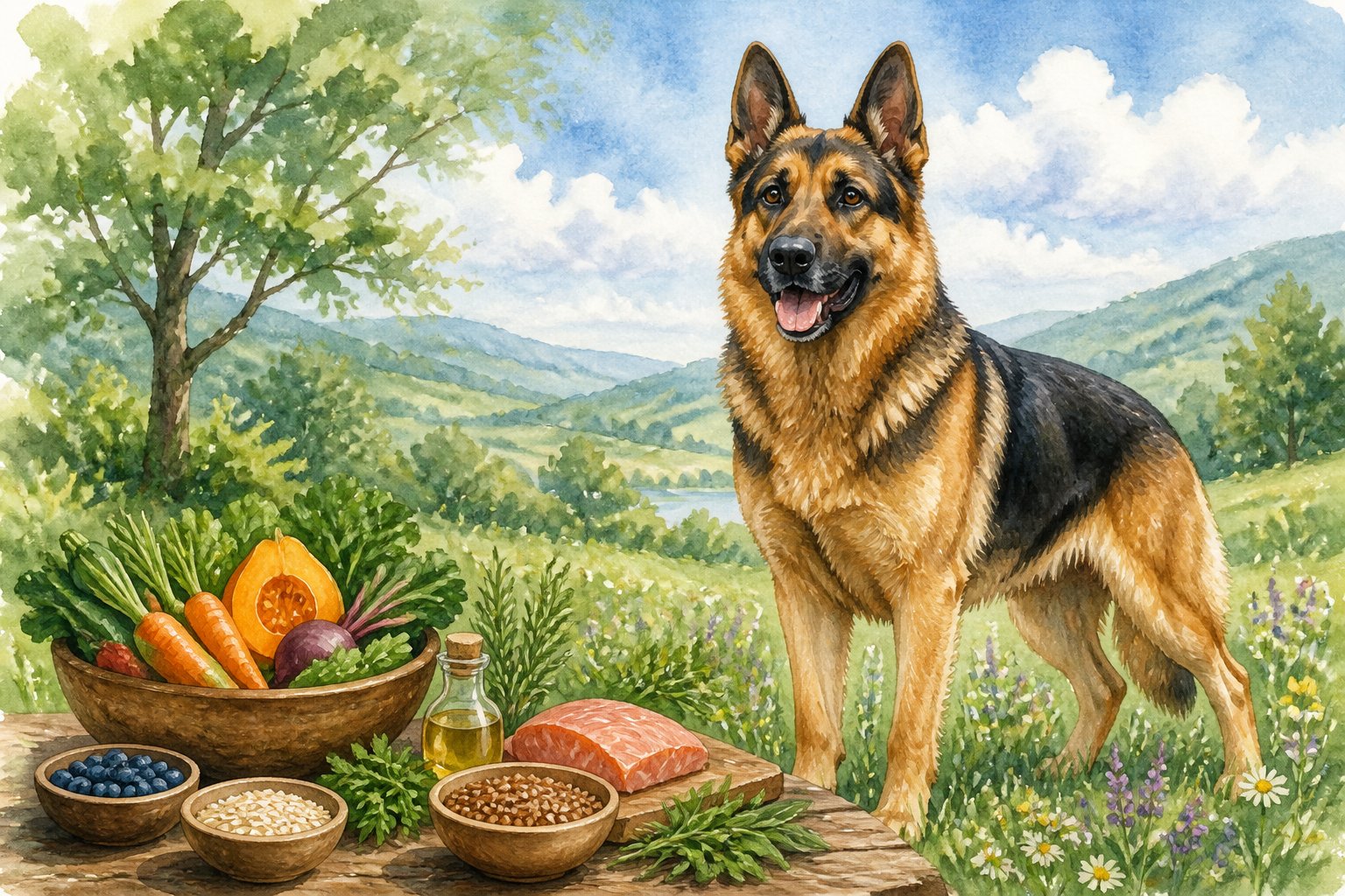 A healthy German Shepherd standing in a green meadow surrounded by wildflowers with bowls of fresh vegetables and herbs nearby under a blue sky.