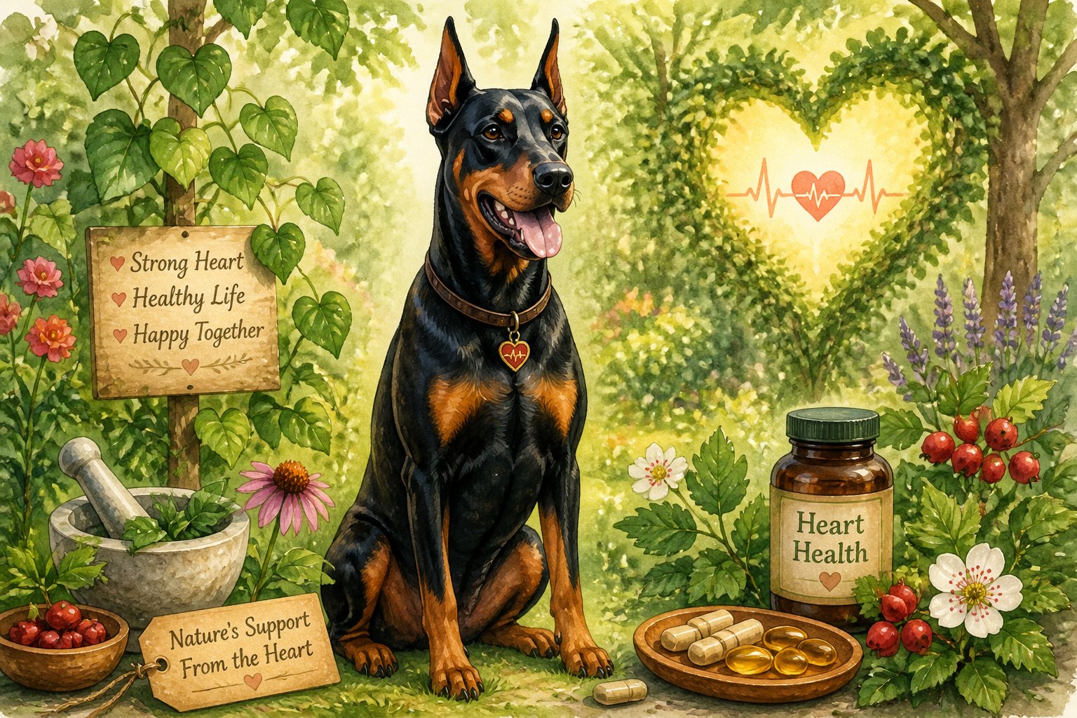 A Doberman sitting calmly in a green garden with flowers and soft sunlight, surrounded by natural elements symbolizing heart health.