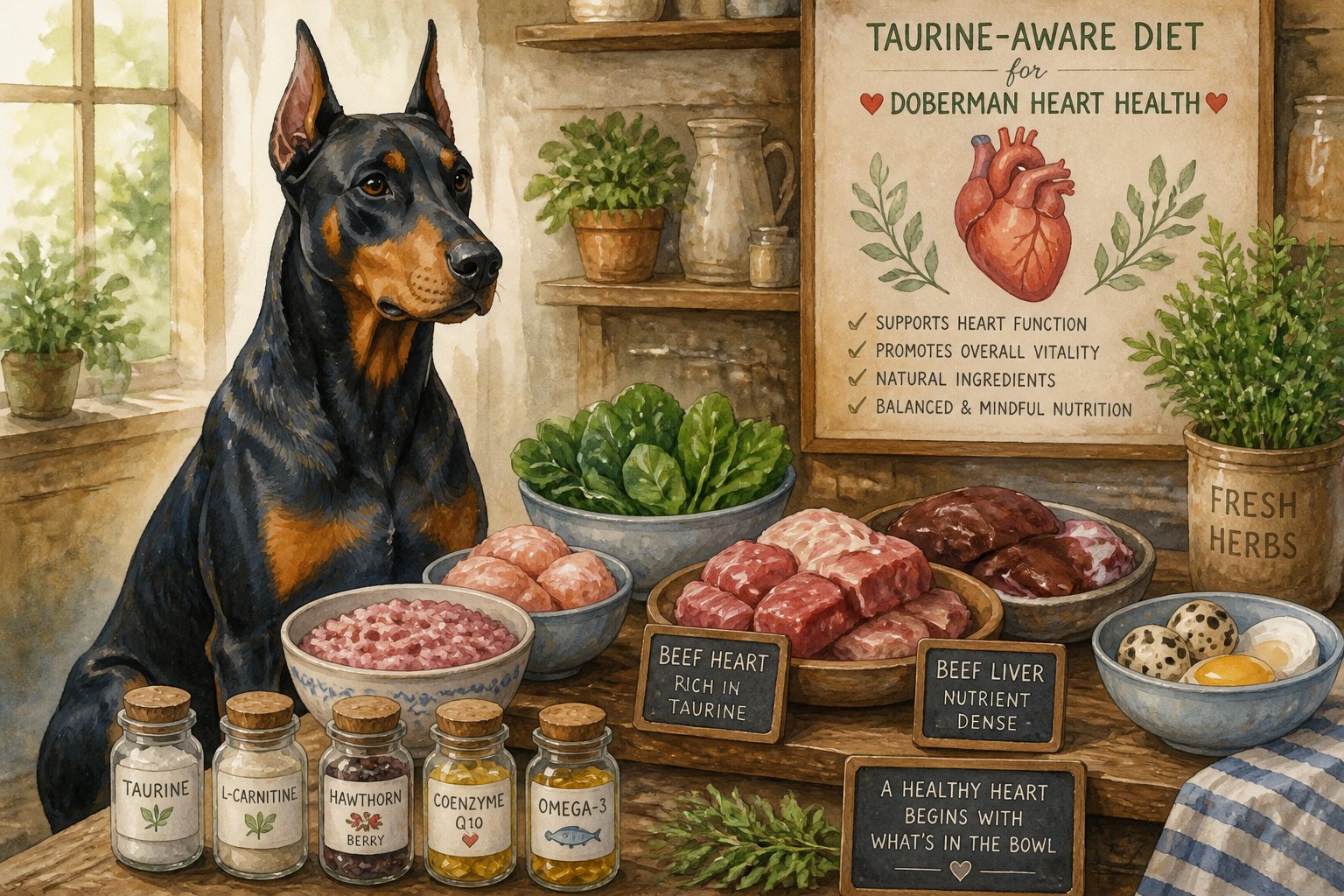 A Doberman dog sitting next to a table with fresh foods and supplements for heart health in a cozy kitchen.