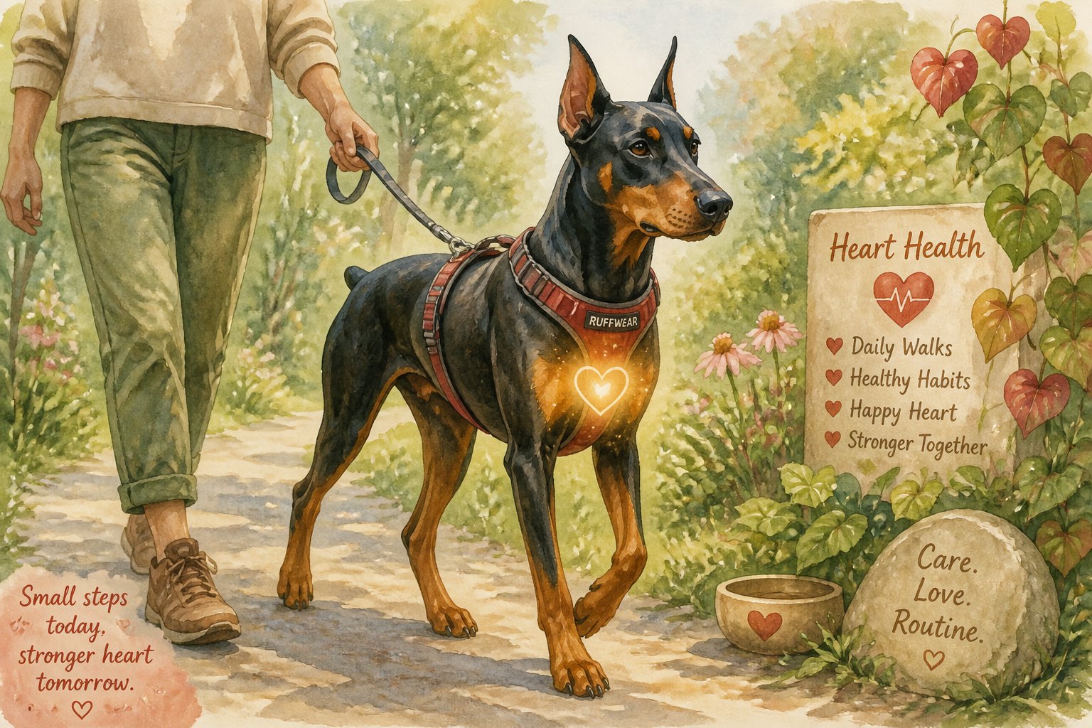 A calm Doberman dog wearing a harness walking on a leash in a peaceful park setting with greenery.