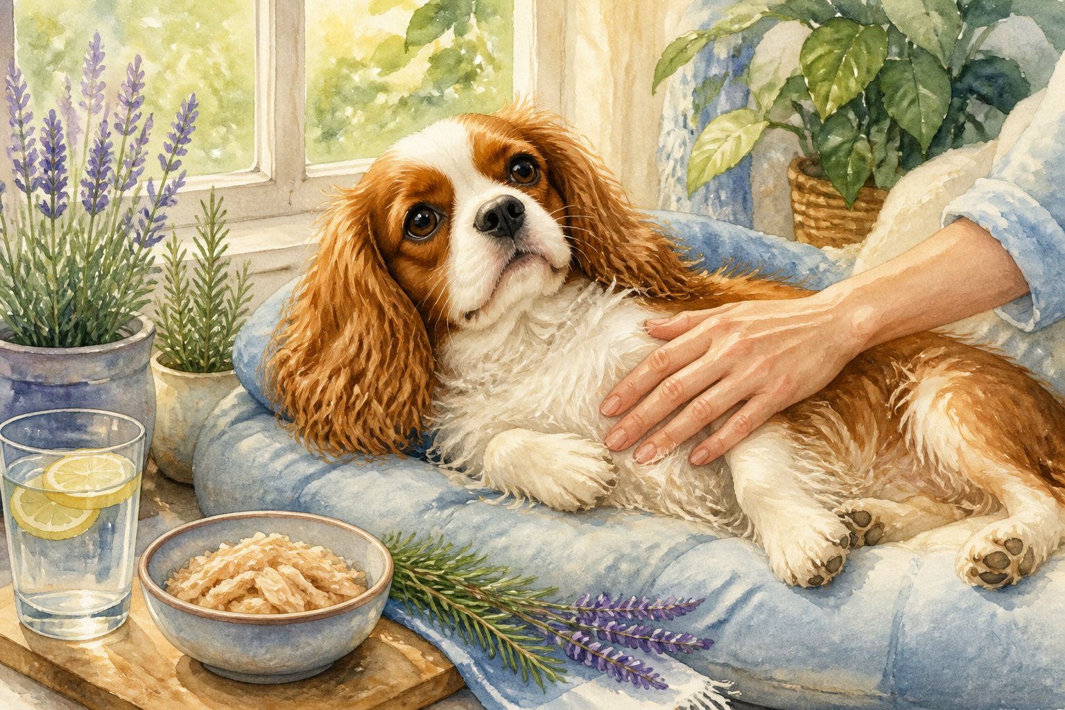 A Cavalier King Charles Spaniel resting comfortably on a cushion near a sunny window with plants and natural home care items around.