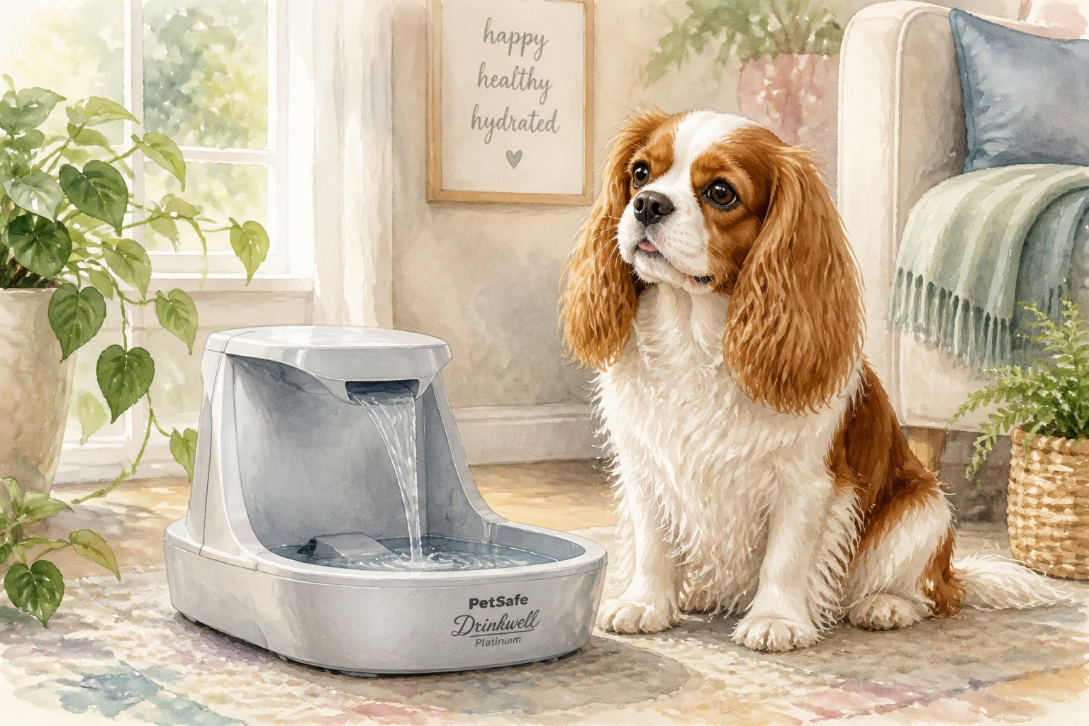 A Cavalier King Charles Spaniel sitting peacefully near a pet water fountain in a cozy home environment with plants and soft lighting.