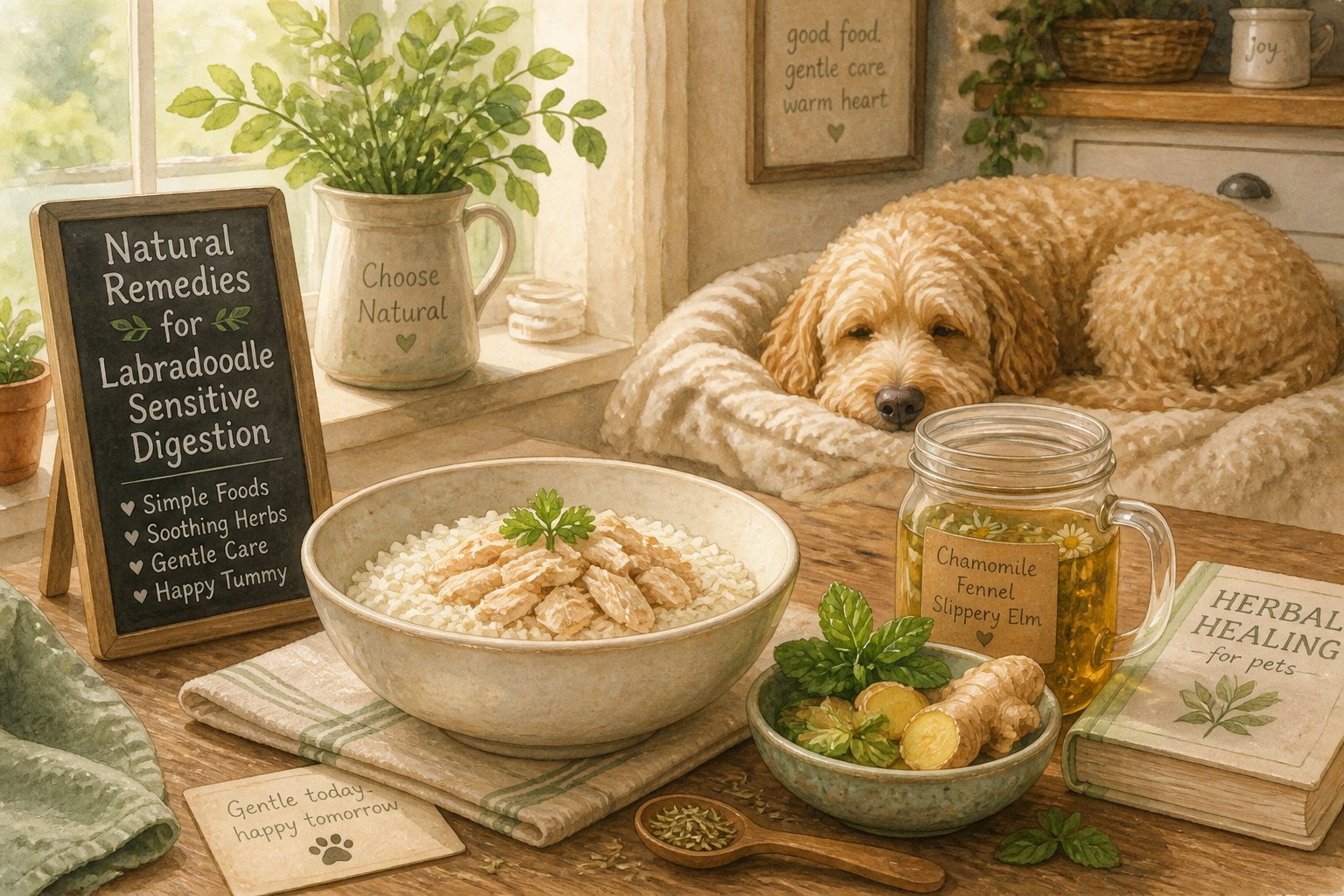A bowl of boiled chicken and white rice on a wooden table with herbs and a glass jar nearby, and a Labradoodle dog resting in the background.