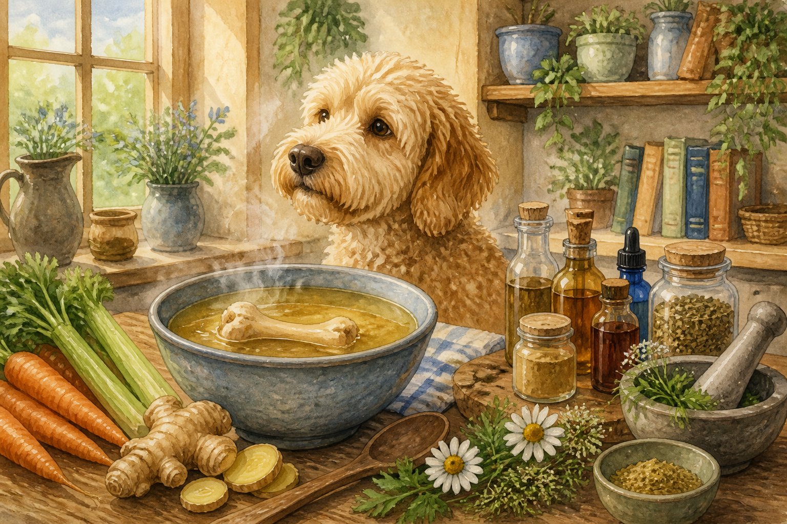 A Labradoodle near a bowl of steaming bone broth on a wooden table surrounded by fresh vegetables and herbs in a cozy kitchen setting.