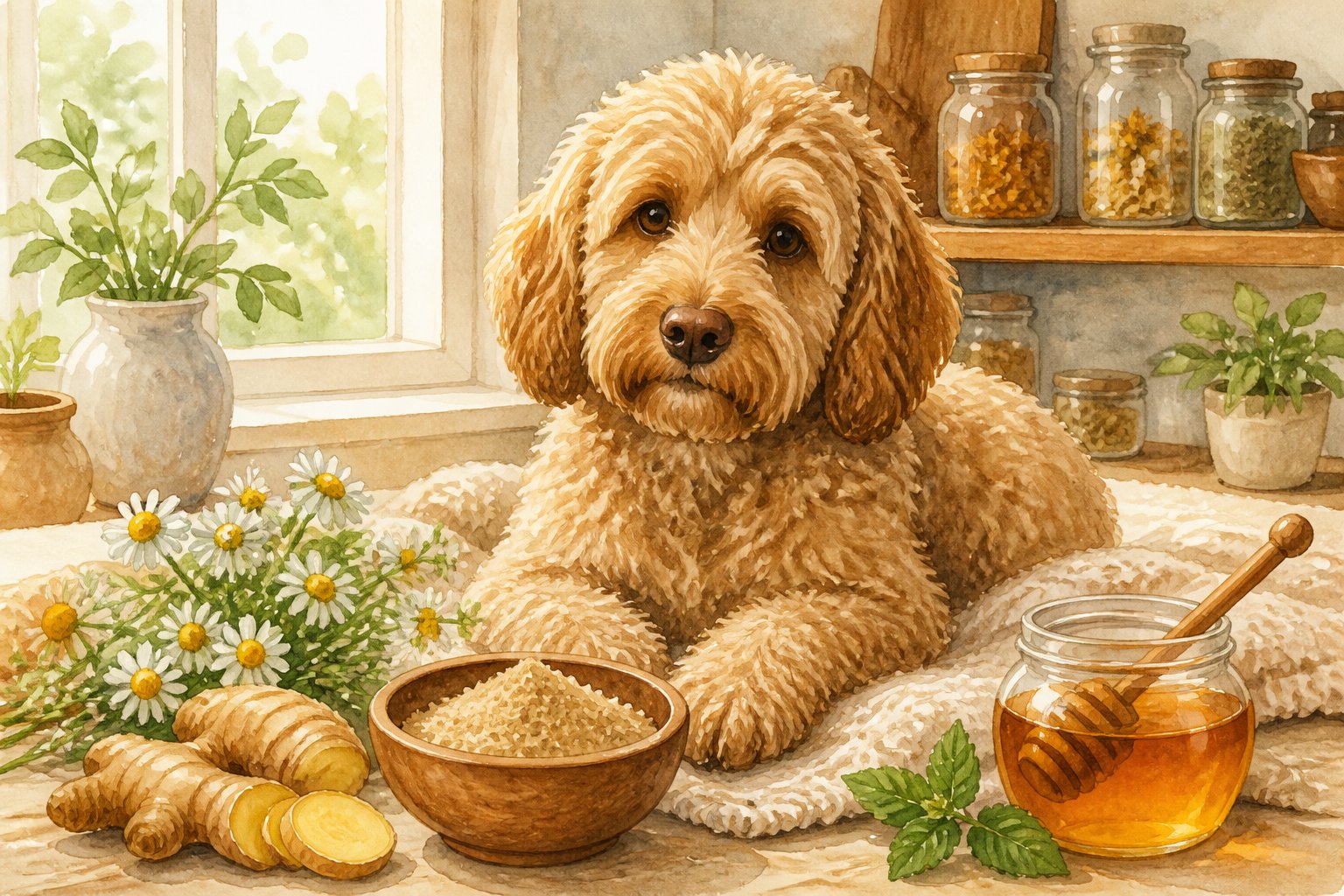 A Labradoodle sitting calmly on a blanket surrounded by natural ingredients like slippery elm powder, herbs, and honey in a cozy home setting.