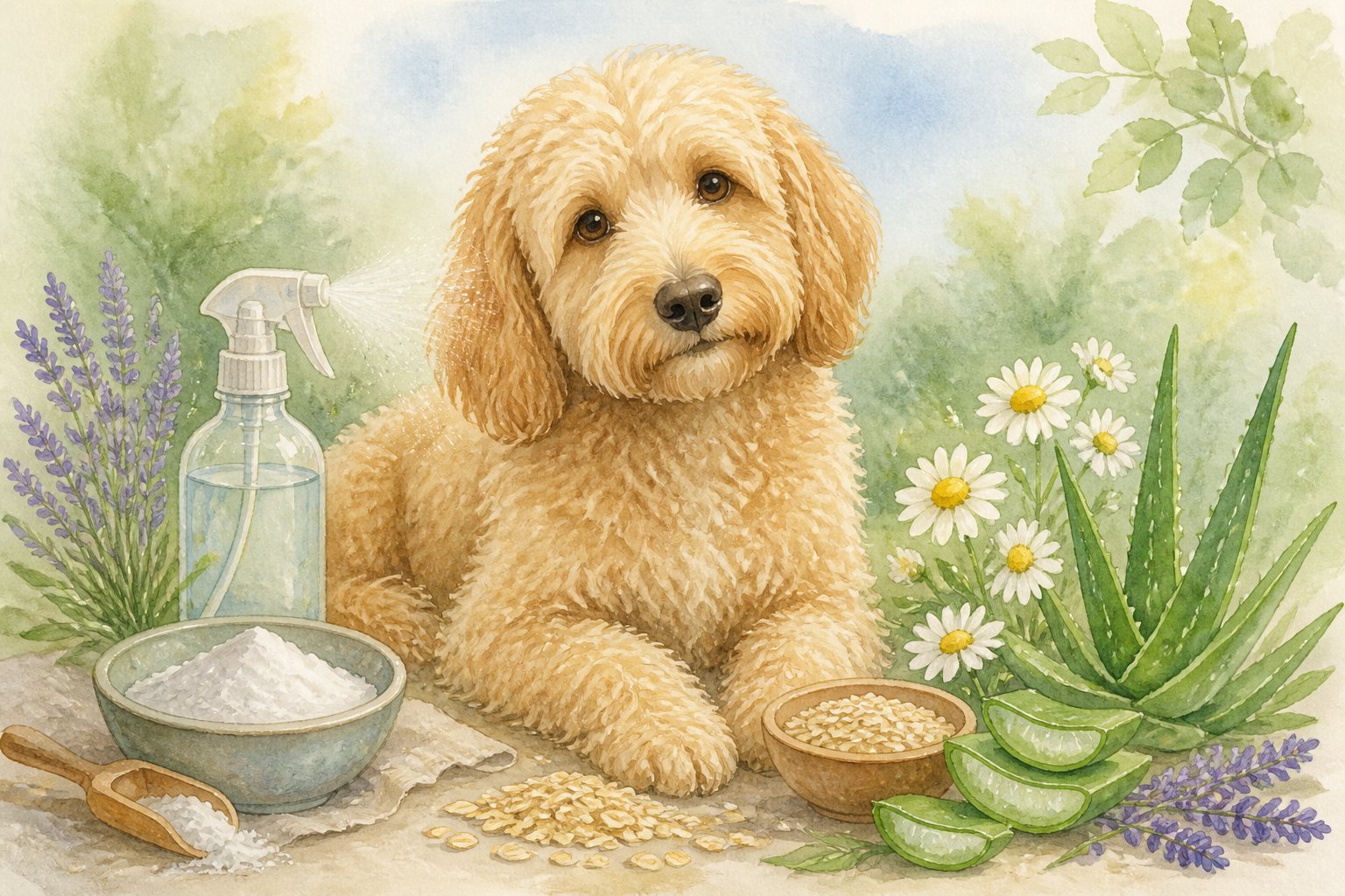 A calm Goldendoodle dog surrounded by natural ingredients like baking soda, aloe vera, chamomile, oatmeal, and lavender in a peaceful setting.