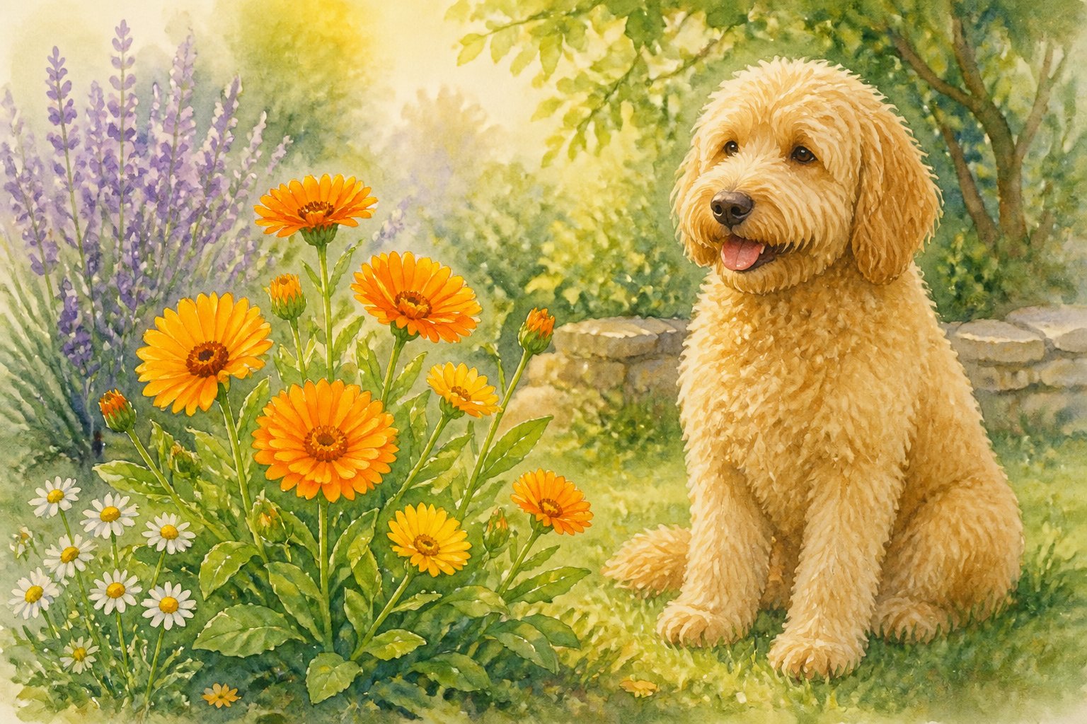 A Goldendoodle dog sitting peacefully near a blooming calendula plant in a garden with soft sunlight and surrounding greenery.