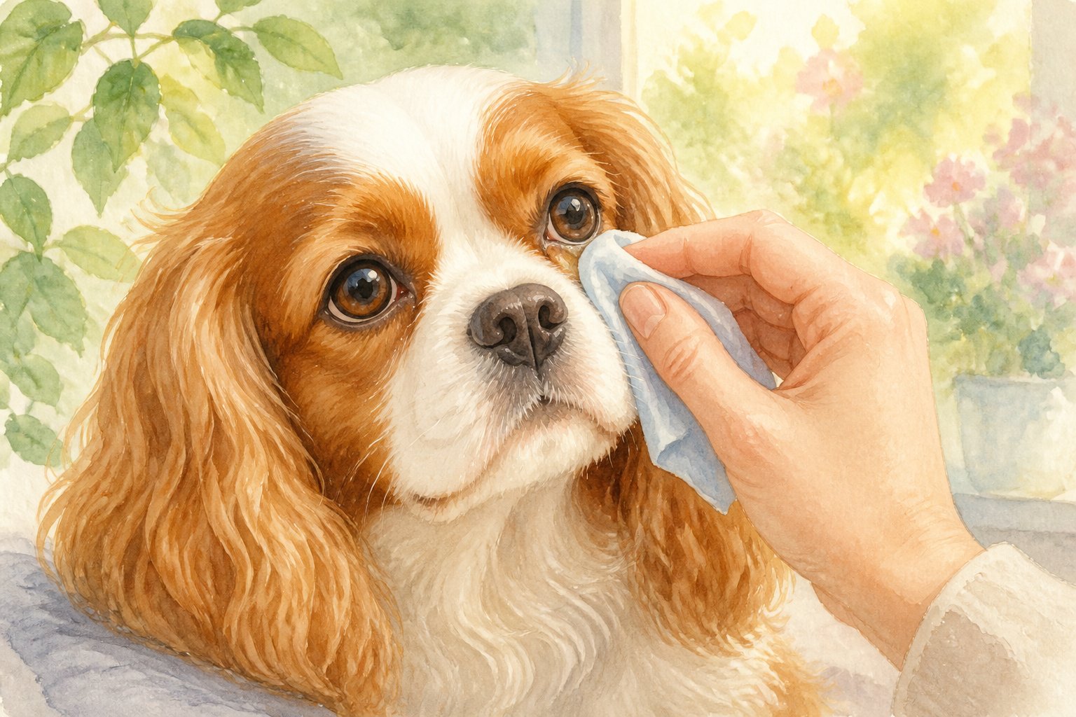 A hand gently cleaning a Cavalier King Charles Spaniel's eye with a wipe, surrounded by soft natural elements.