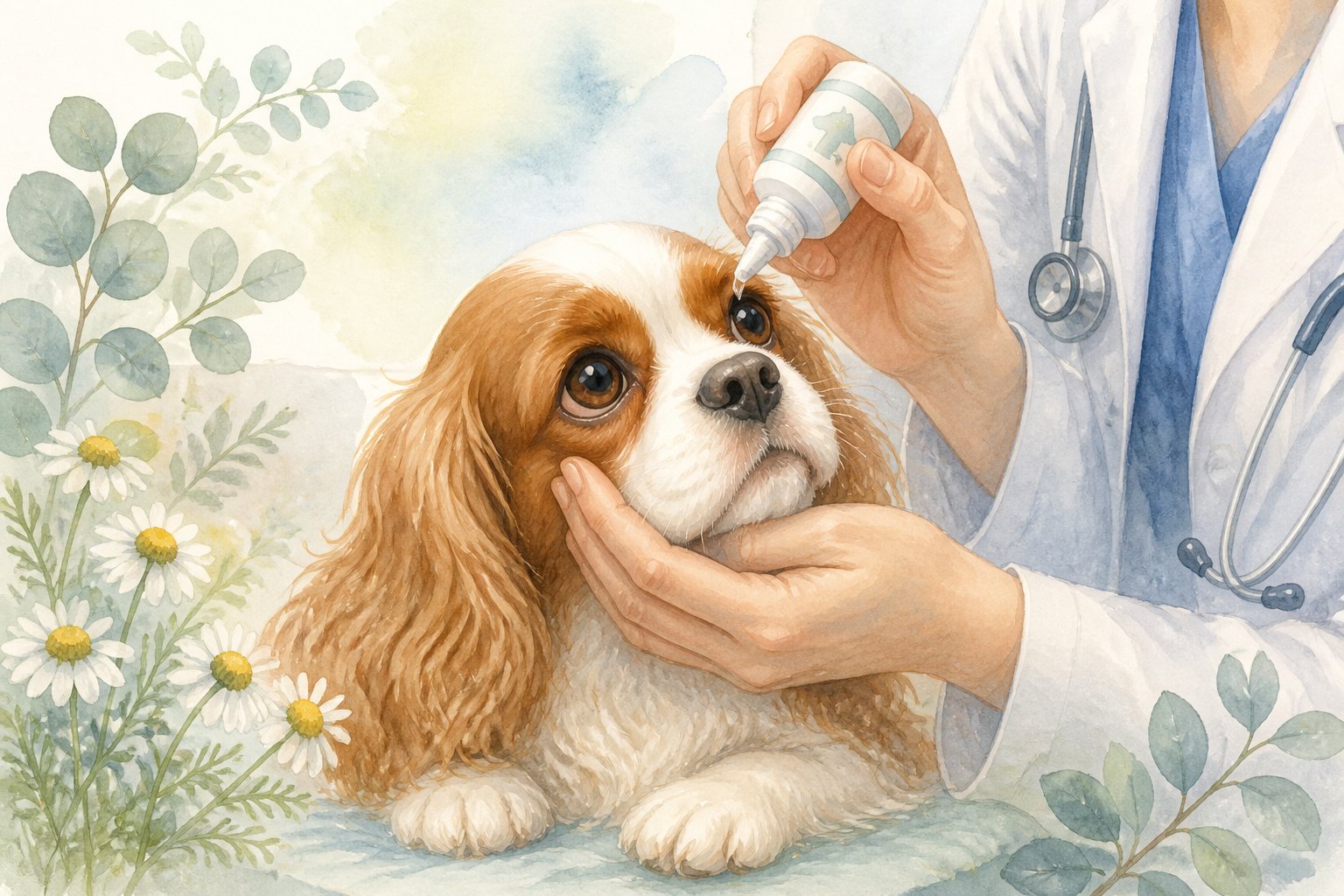 A Cavalier King Charles Spaniel receiving eye drops from a veterinarian's hand, surrounded by soft plants.