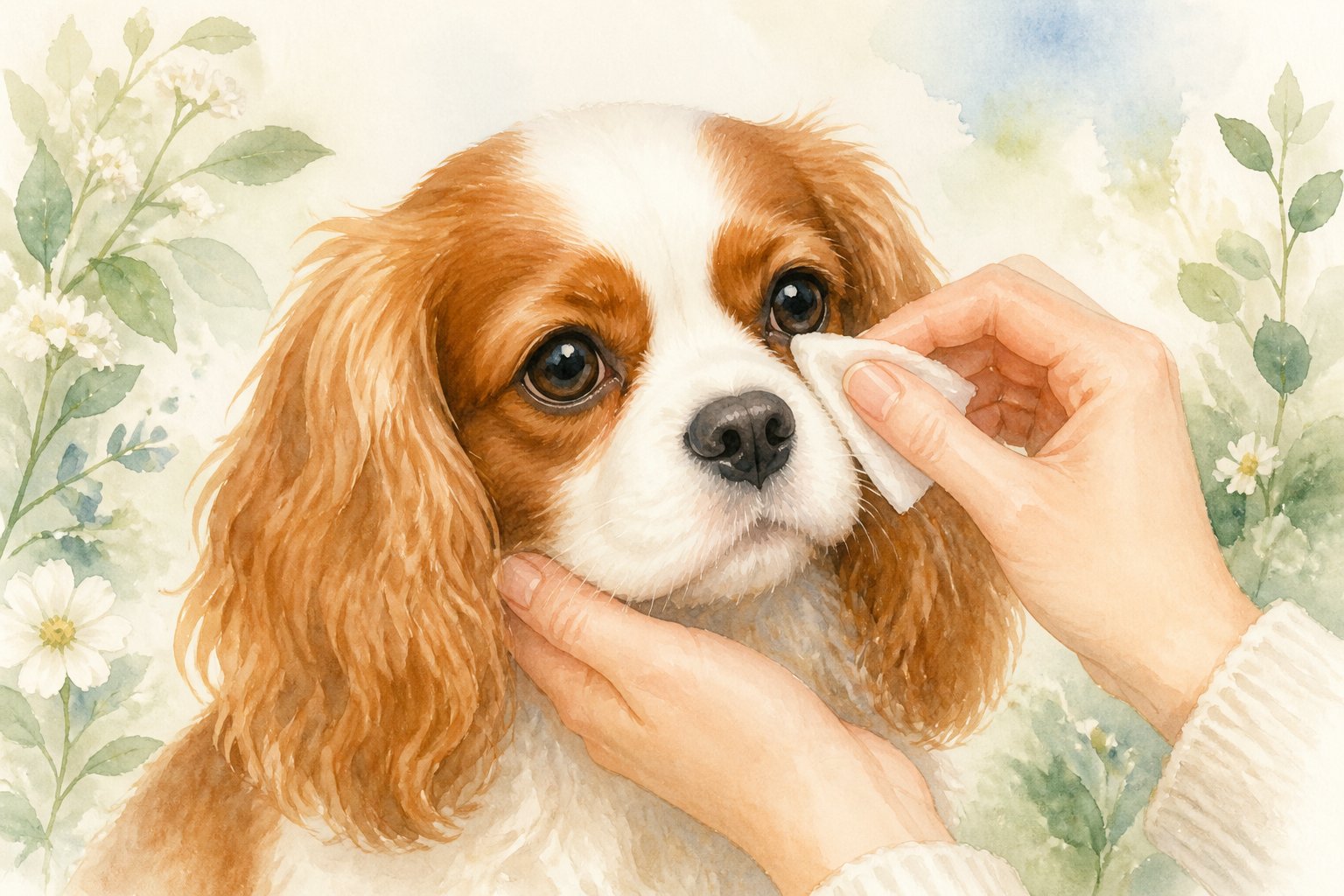 A close-up of a Cavalier King Charles Spaniel having its eyes gently cleaned with wipes by caring hands.