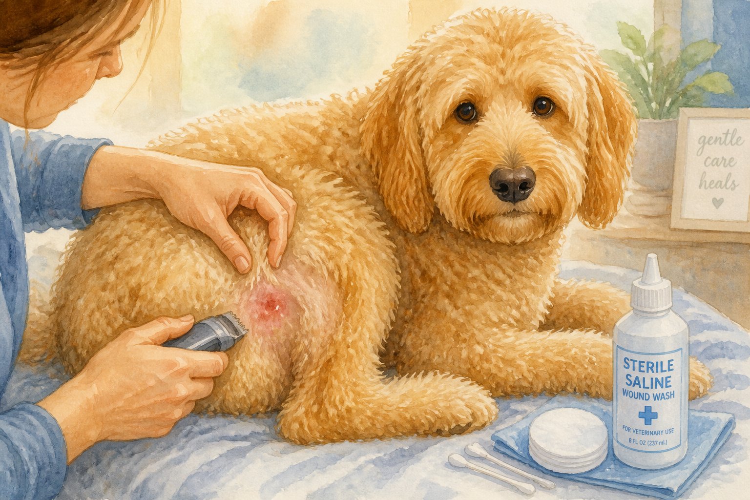 A person trimming fur around a Goldendoodle's skin and preparing to rinse it with sterile saline wound wash.
