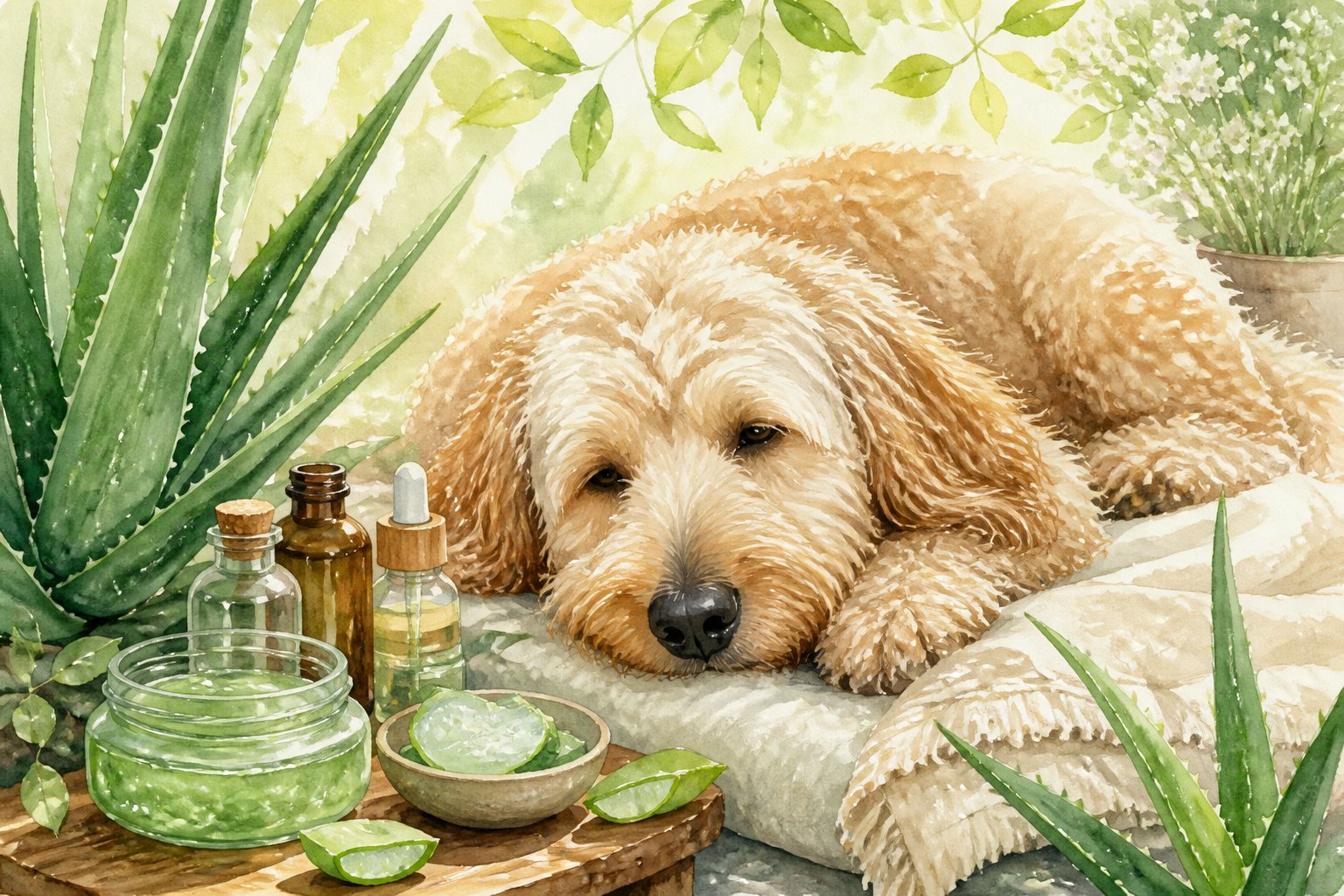A peaceful Goldendoodle dog resting near aloe vera plants and natural remedy jars in a calm, natural setting.