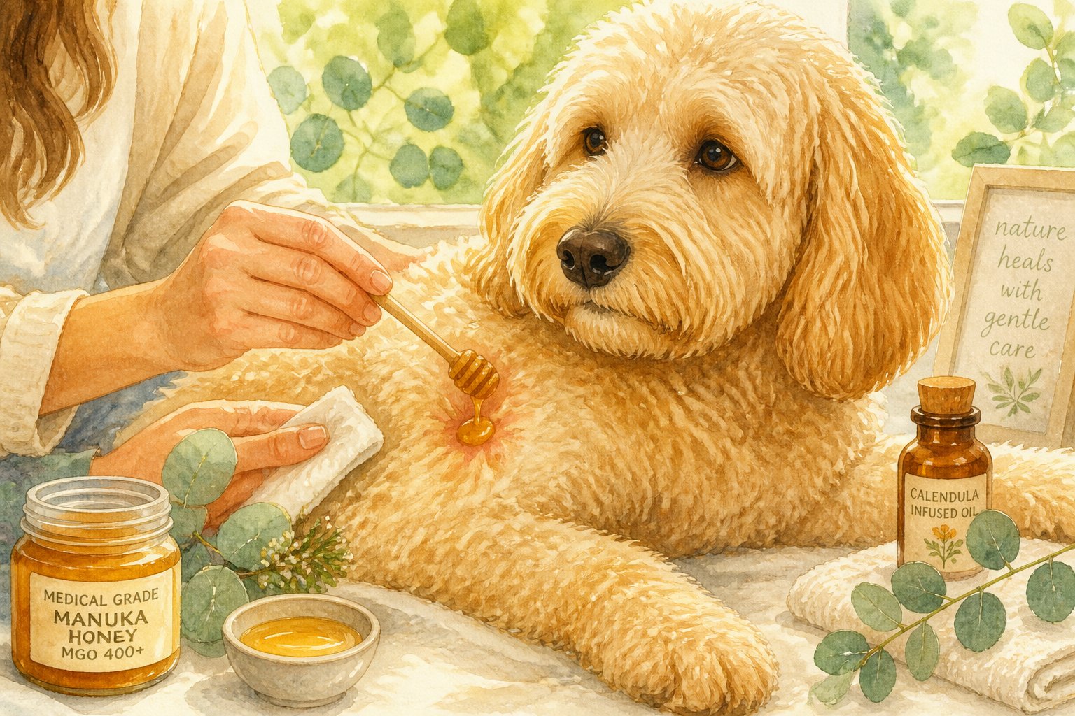 A person applying golden honey to a small irritated spot on a calm Goldendoodle dog's fur.