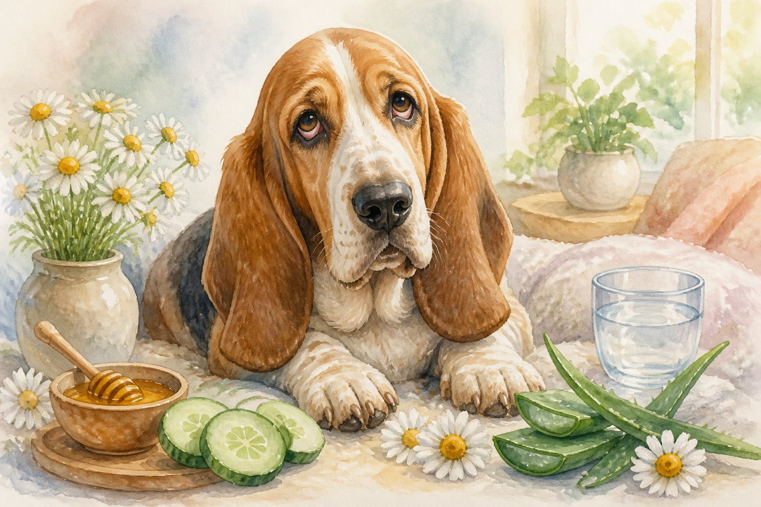 A Basset Hound with watery eyes sitting calmly indoors surrounded by natural home remedy items like chamomile flowers, cucumber slices, honey, and aloe vera leaves.
