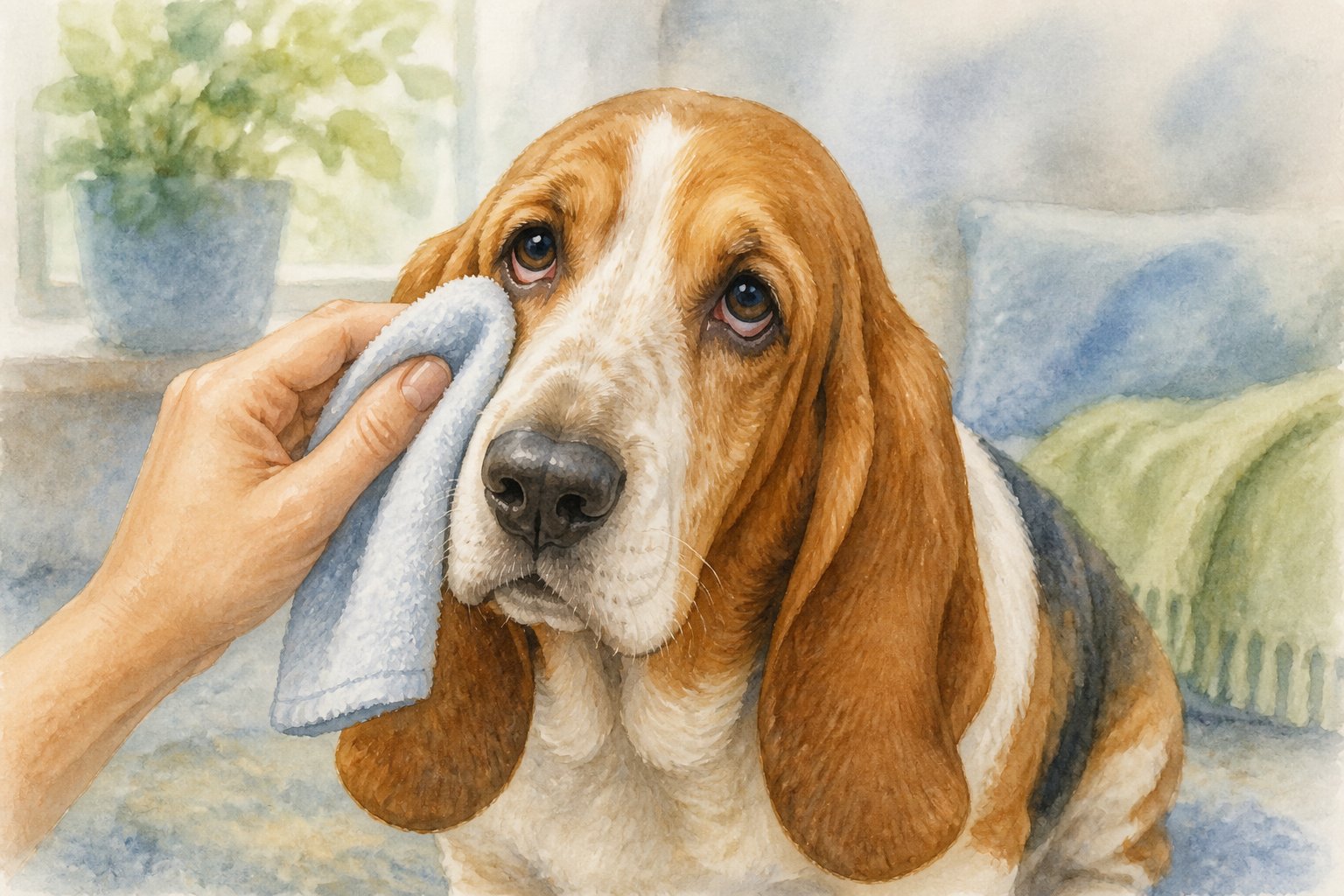 A Basset Hound having its eyes gently wiped with a soft cloth in a calm home setting.