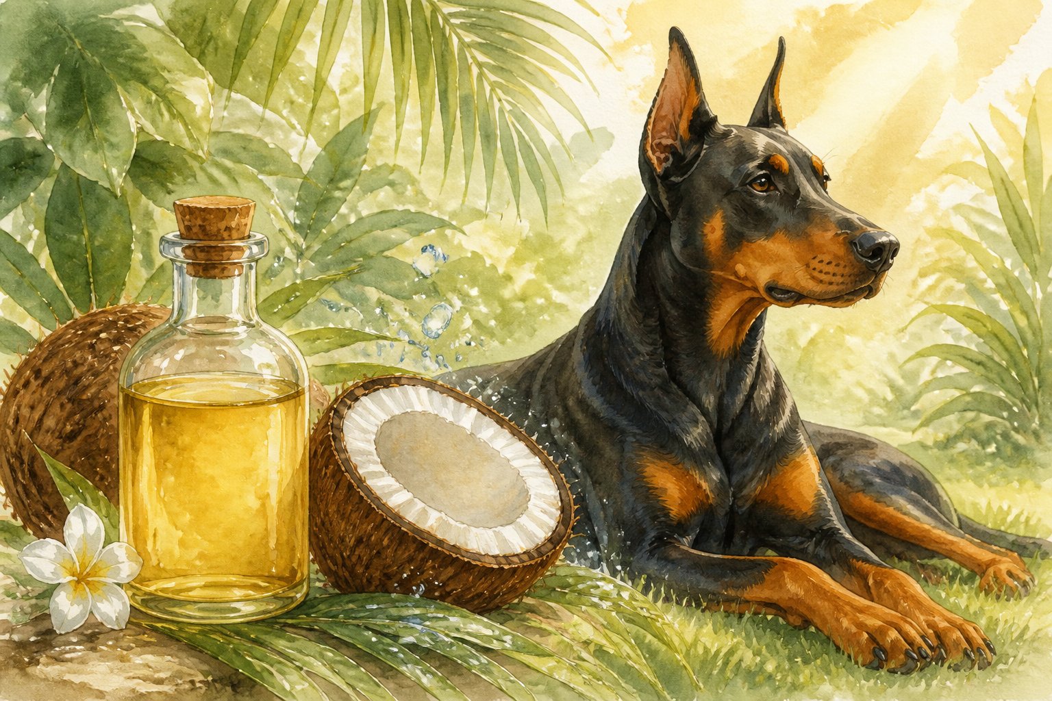 A calm Doberman dog resting on grass next to a bottle of coconut oil and an open coconut surrounded by palm leaves.