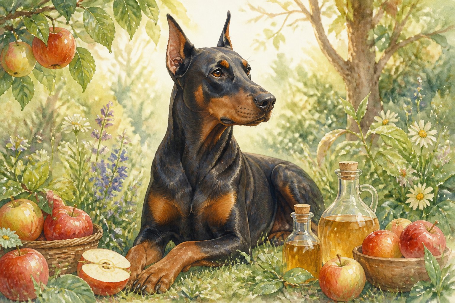 A calm Doberman sitting in a garden surrounded by apples, flowers, and bottles, conveying natural skin care.