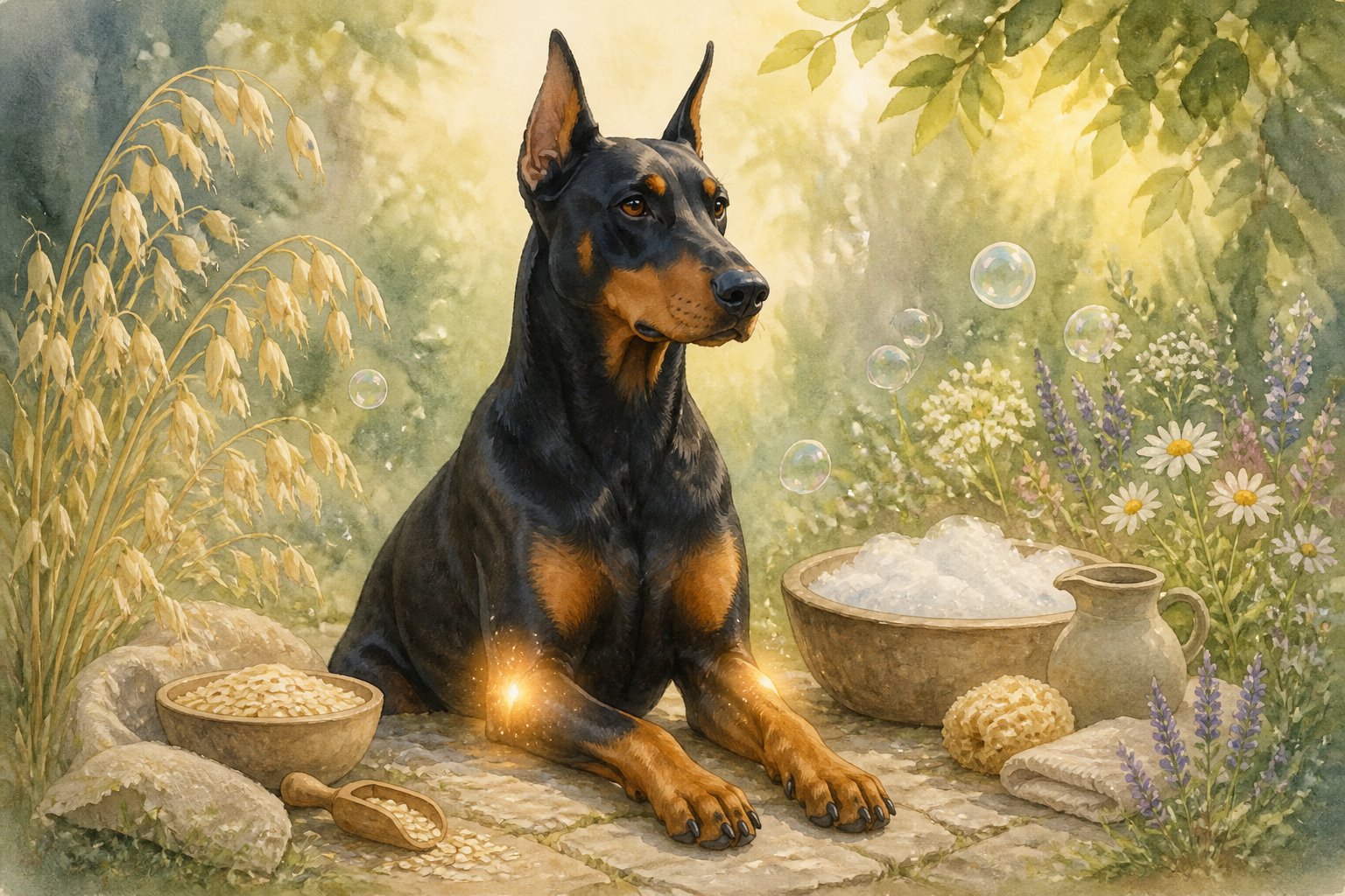 A calm Doberman dog sitting outdoors surrounded by oat plants and gentle shampoo bubbles, with a peaceful garden background.