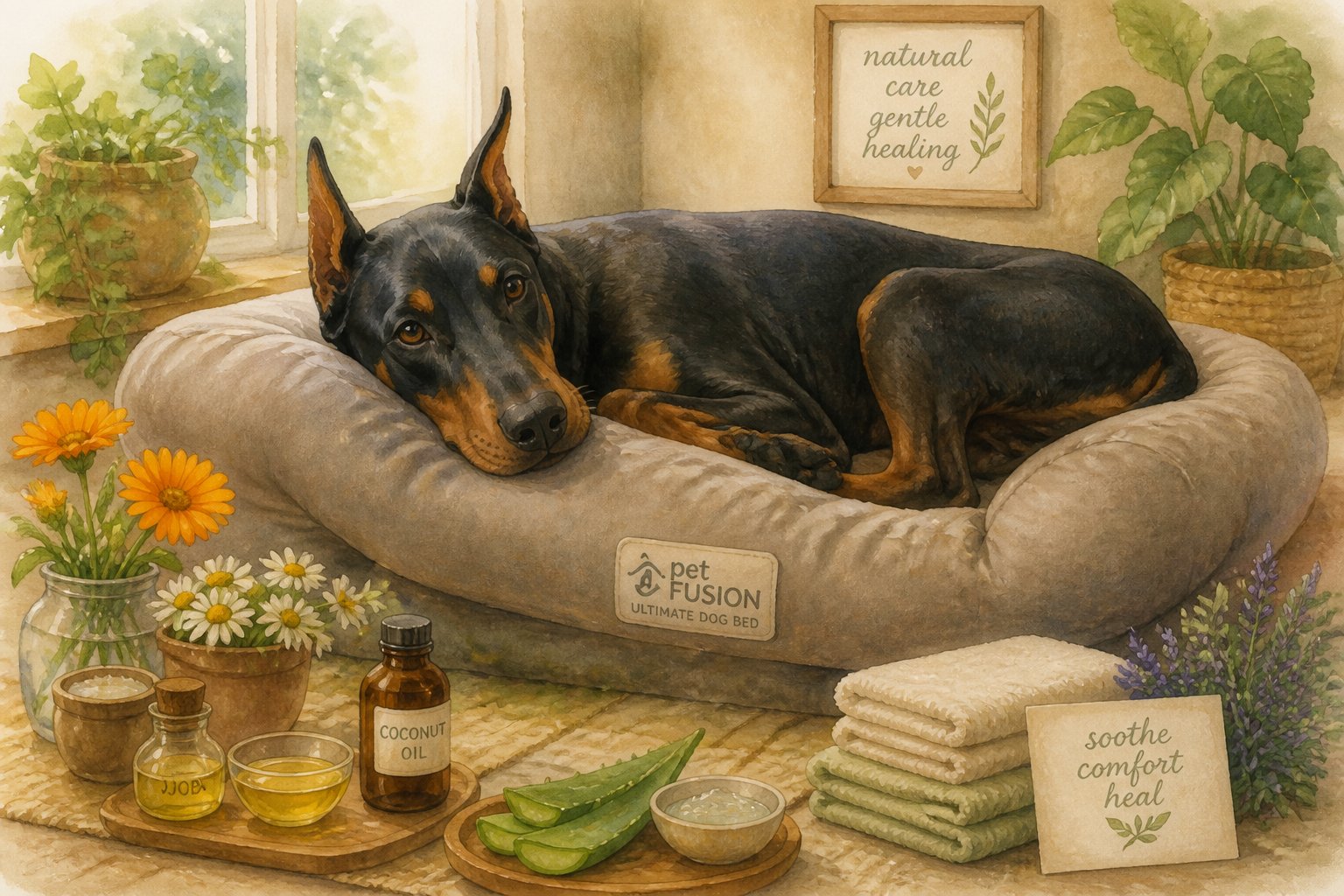A Doberman dog resting on a comfortable dog bed surrounded by natural home remedy items like aloe vera and herbal plants in a warm, cozy room.