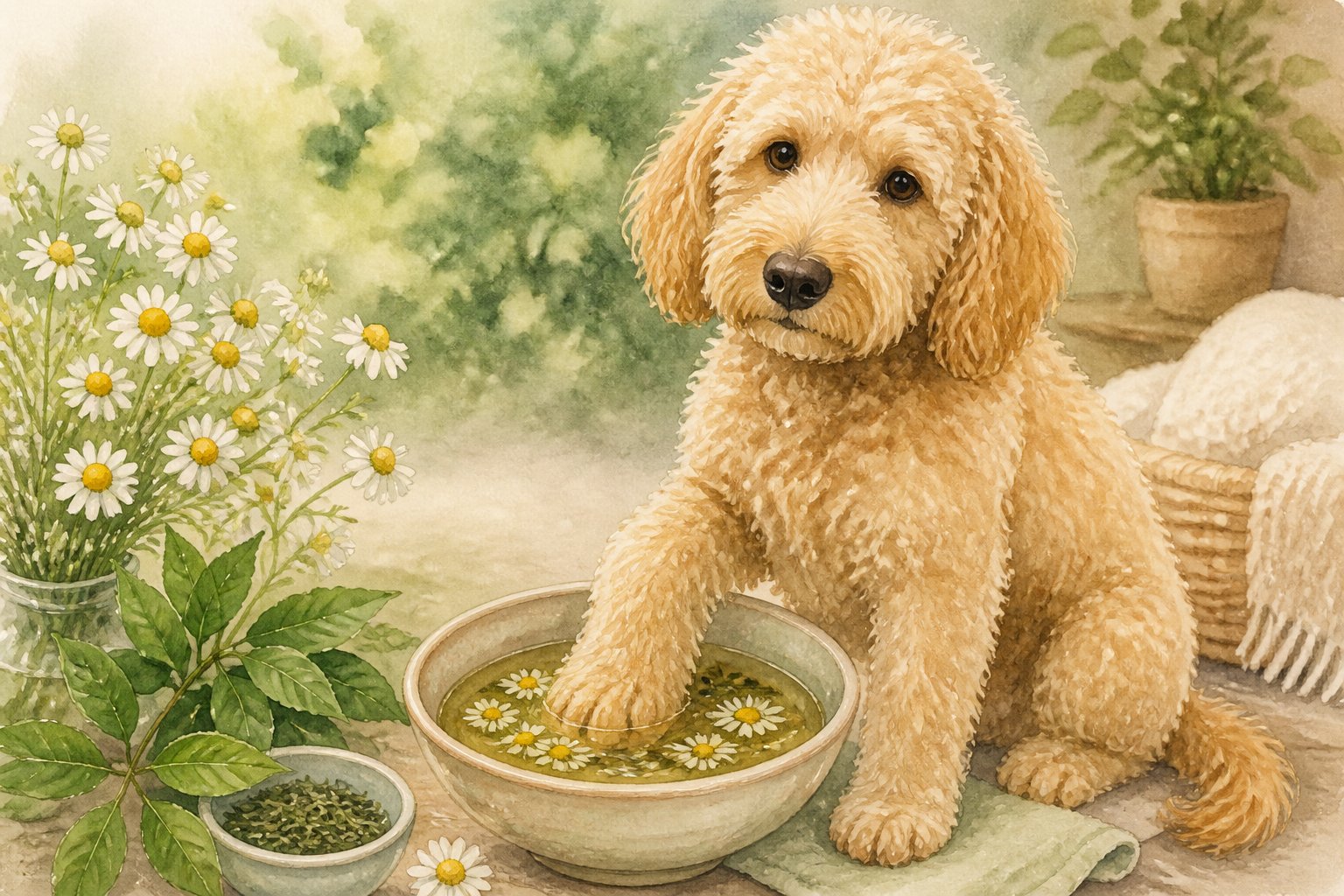 A calm Goldendoodle dog soaking its paw in a bowl surrounded by chamomile flowers and green tea leaves.